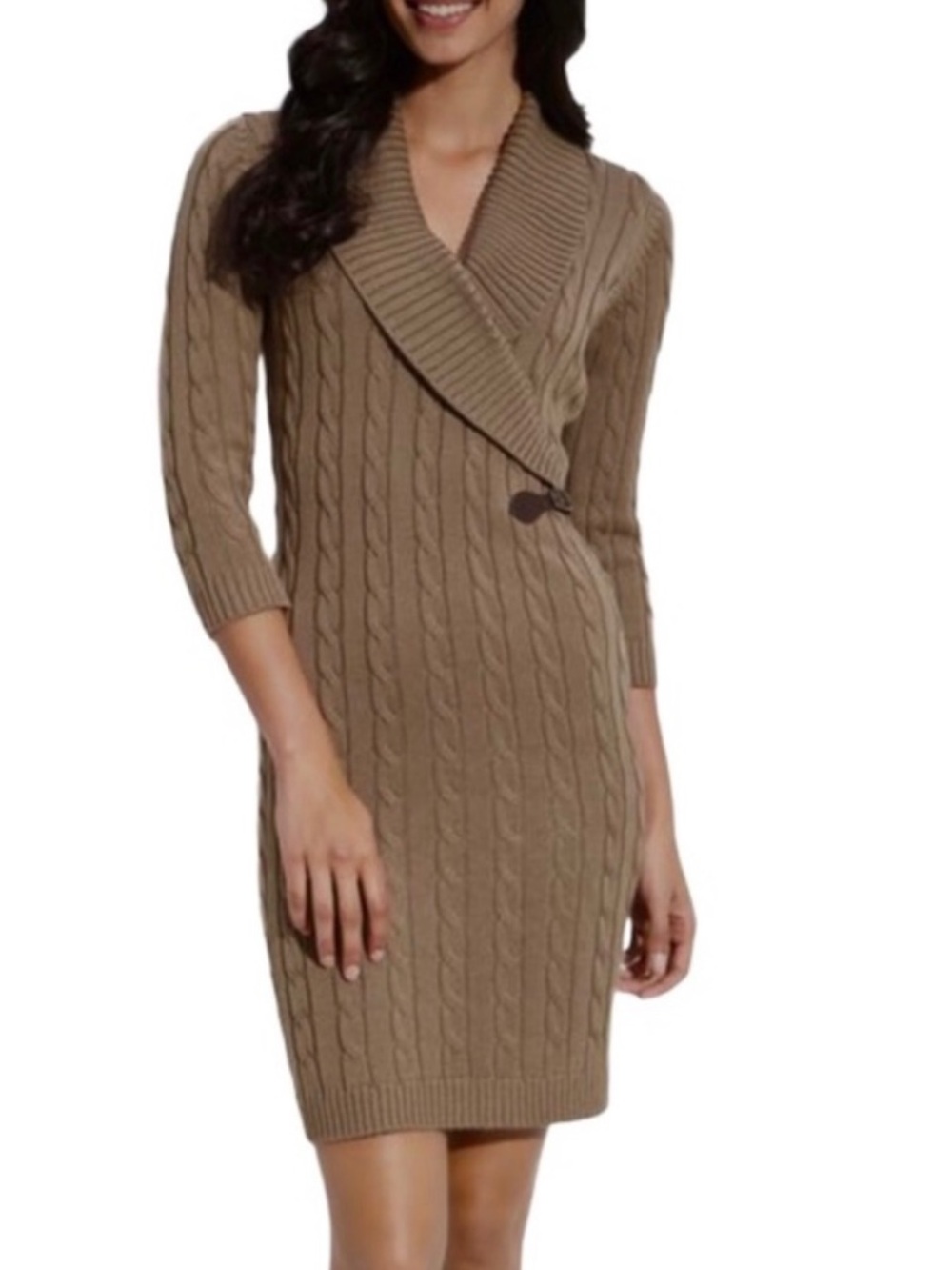 Ellen Tracy Equestrian Polo Cable-Knit Shawl Collar Midi Dress in Sand Taupe